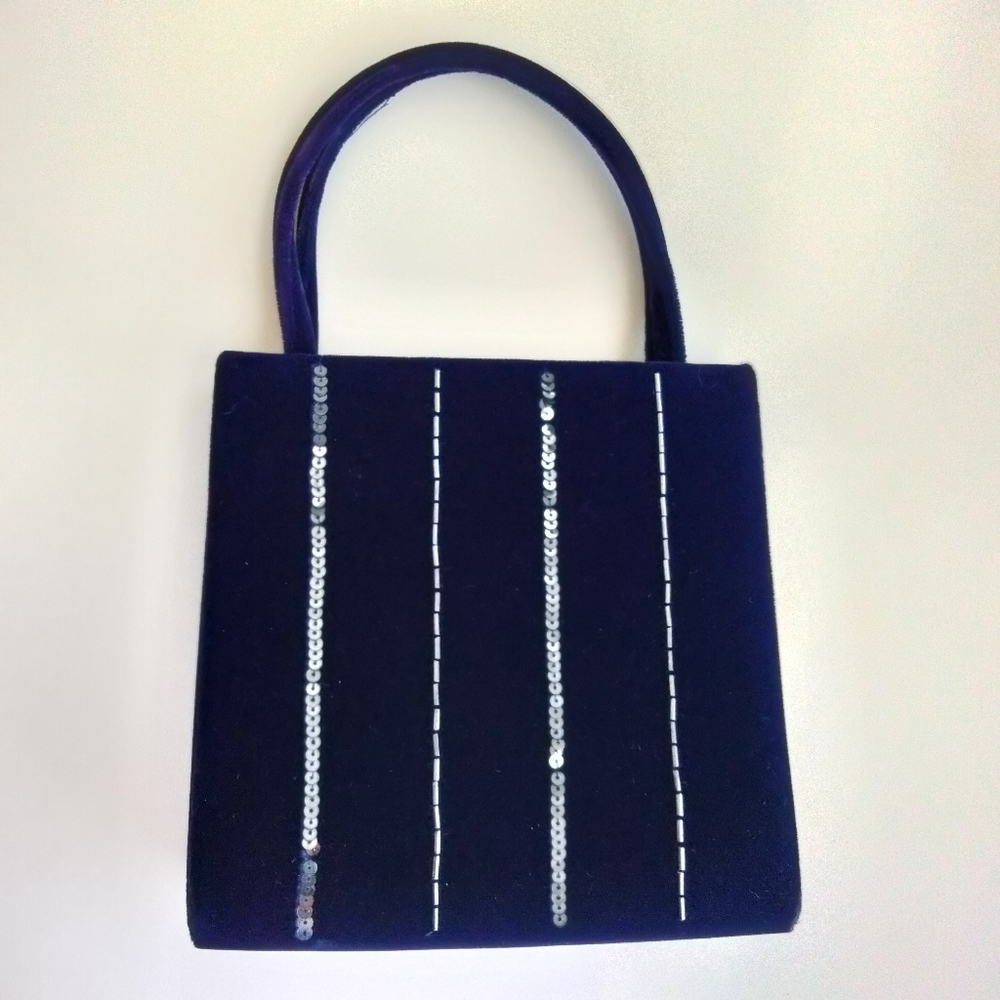 Bloomingdale's Navy Velvet Beaded Sequins Handbag Cocktail Party Wedding